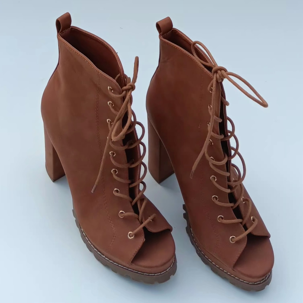LILIANA Women's Brown Peep Toe Lace-Up Heeled  Ankle Boots - 9